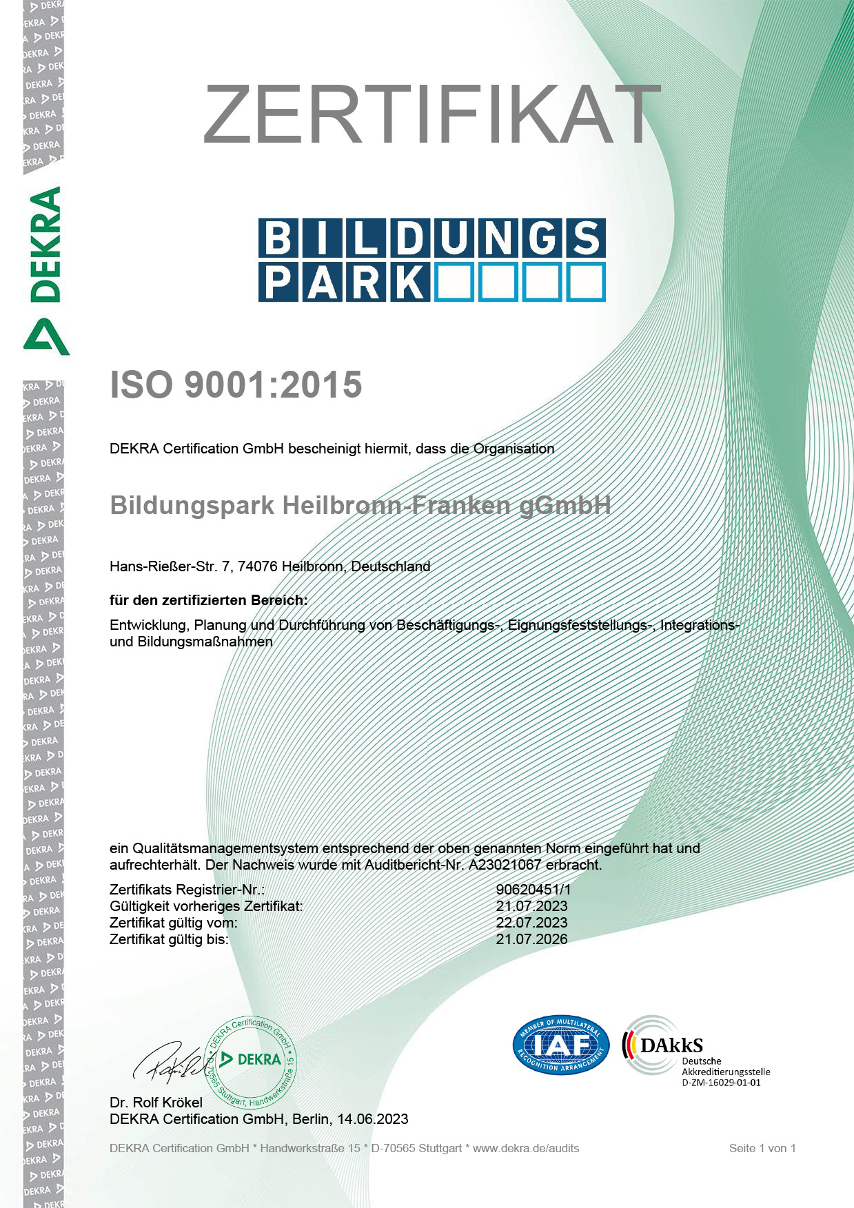 Zertifikat ISO 9001 Bildungspark